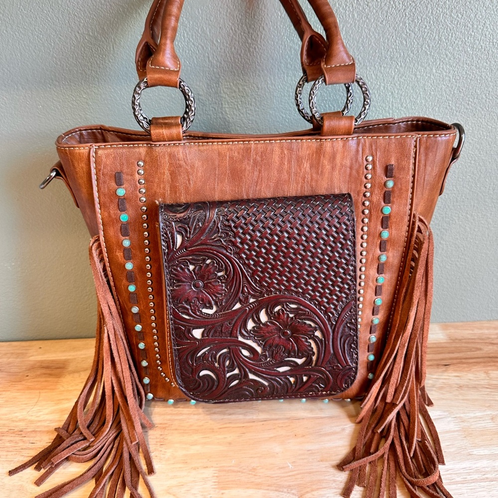Brown Leather Fringe Tote Bag